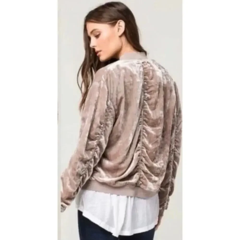 Free People Velvet Bomber Jacket Medium Ruched Champagne Sand Boho Luxe Festival